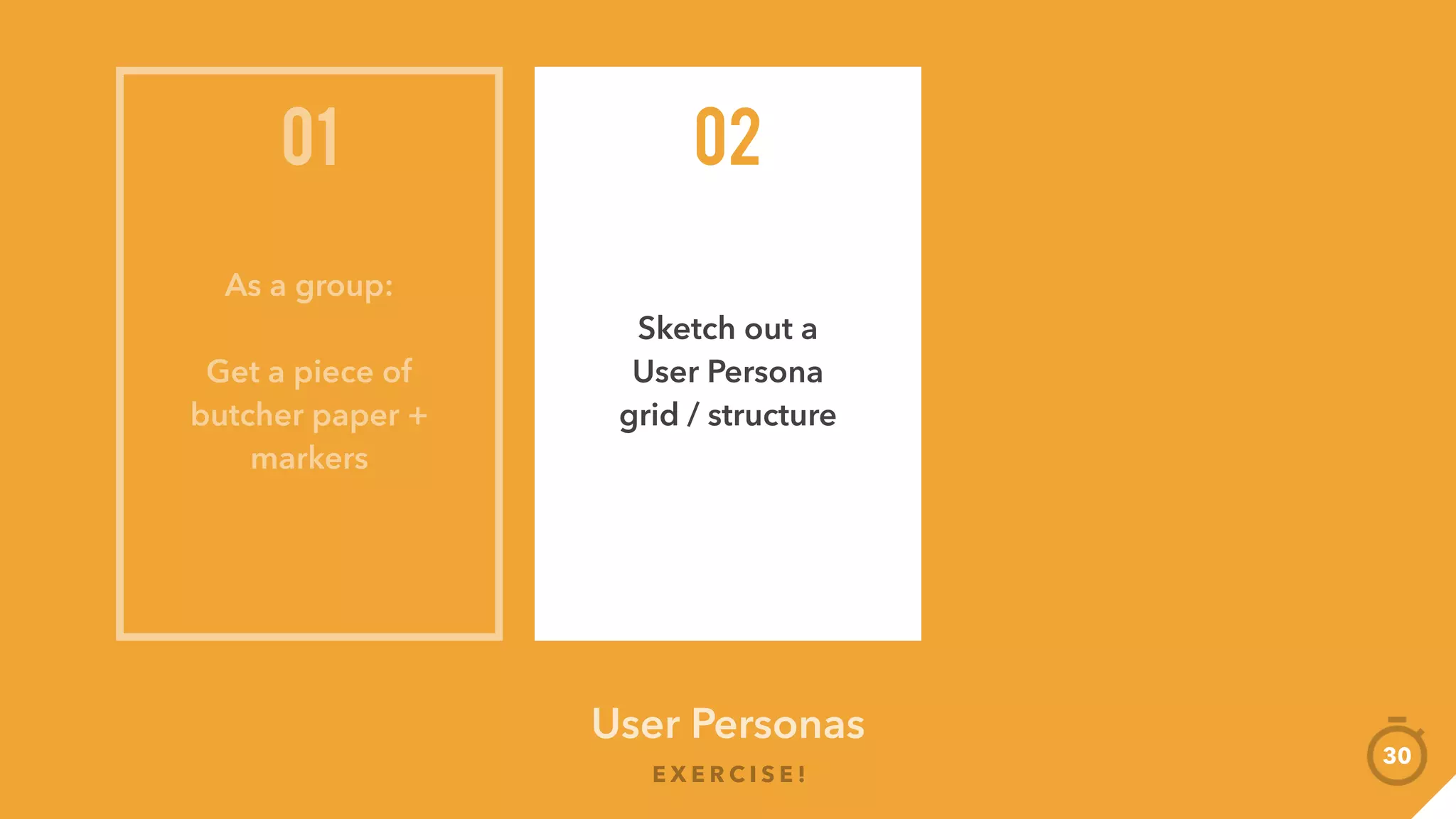 E X E R C I S E !
30
Name
Age &
Gender
Present + Feedback
Biggest
takeaway(s)
#Keywords
User Personas
 