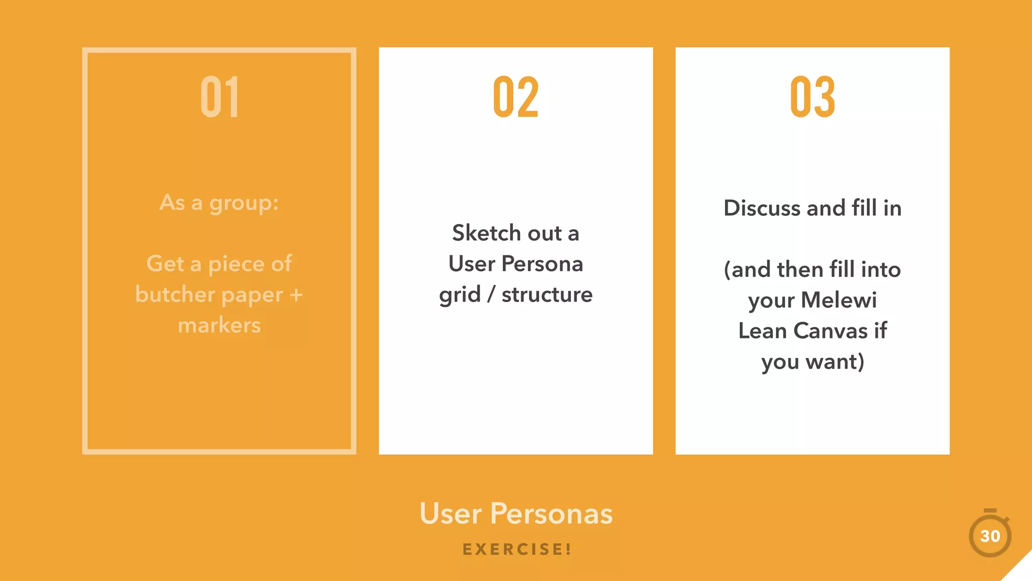 E X E R C I S E !
30
Name
Age &
Gender
#Keywords
Biggest
takeaway(s)
Present + Feedback
User Personas
 