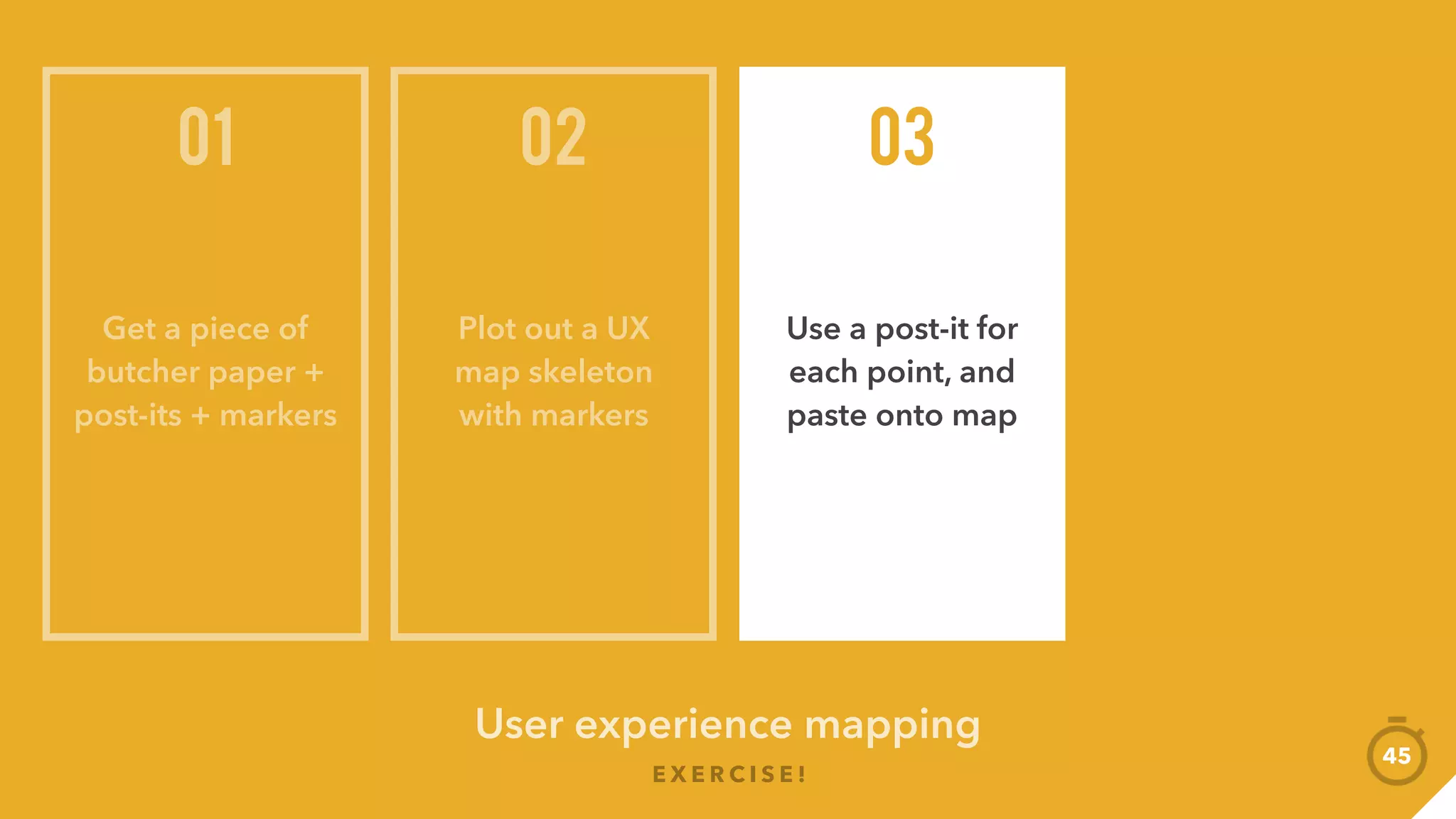 E X E R C I S E !
User experience mapping
Summarize
journey
Lows Takeaways
Present + Feedback
Highs
45
 