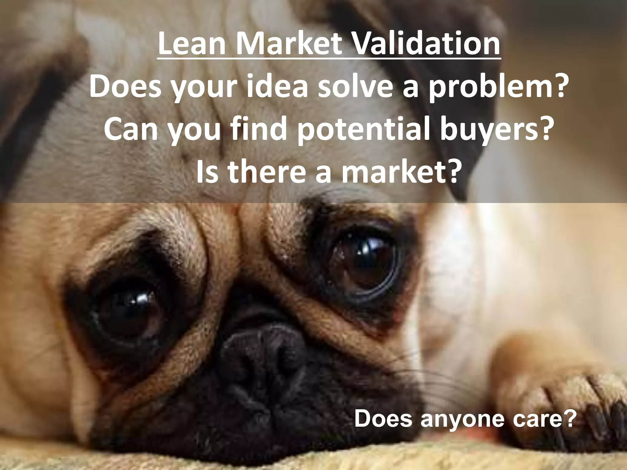 Lean Market Validation
Does your idea solve a problem?
Can you find potential buyers?
Is there a market?
Does anyone care?