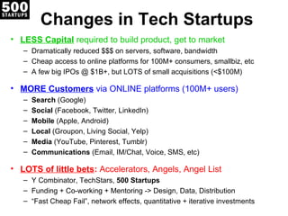 Changes in Tech Startups
• LESS Capital required to build product, get to market
   – Dramatically reduced $$$ on servers,...