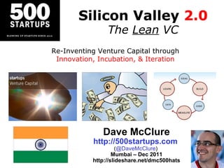 Silicon Valley  2.0 The  Lean  VC Dave McClure http://500startups.com   ( @DaveMcClure )  Mumbai – Dec 2011 http://slideshare.net/dmc500hats Re-Inventing Venture Capital through Innovation, Incubation, & Iteration 