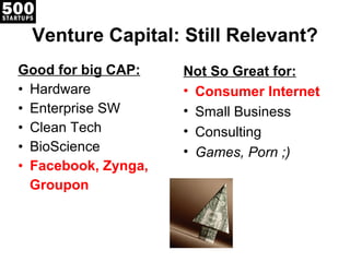 Venture Capital: Still Relevant? Good for big CAP: Hardware Enterprise SW Clean Tech BioScience Facebook, Zynga, Groupon Not So Great for: Consumer Internet Small Business Consulting Games, Porn ;) 
