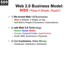Web 2.0 Business Model:  KISS  (“Keep It Simple, Stupid”) 1)  Re-invent Web 1.0  Businesses Make  a Website, a Widget, an App Sell  Stuff to People (Transactions, Subscriptions) 2)  add Web 2.0 Tech nology Search ,  Social ,  Mobile Google ,  Facebook/Twitter ,  Apple/Android Email, SMS, Ecommerce / Payments 3) Get  Customers , Make  Money Distribution, Distribution, Distribution 