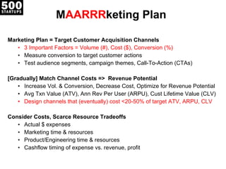 M AARRR keting Plan Marketing Plan = Target Customer Acquisition Channels 3 Important Factors = Volume (#), Cost ($), Conversion (%) Measure conversion to target customer actions Test audience segments, campaign themes, Call-To-Action (CTAs)  [Gradually] Match Channel Costs =>  Revenue Potential  Increase Vol. & Conversion, Decrease Cost, Optimize for Revenue Potential Avg Txn Value (ATV), Ann Rev Per User (ARPU), Cust Lifetime Value (CLV) Design channels that (eventually) cost <20-50% of target ATV, ARPU, CLV Consider Costs, Scarce Resource Tradeoffs Actual $ expenses Marketing time & resources Product/Engineering time & resources Cashflow timing of expense vs. revenue, profit 