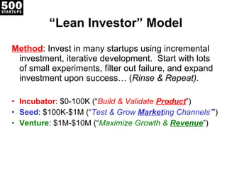 “ Lean Investor” Model Method : Invest in many startups using incremental investment, iterative development.  Start with lots of small experiments, filter out failure, and expand investment upon success… ( Rinse & Repeat) . Incubator : $0-100K (“ Build & Validate  Product ”) Seed : $100K-$1M (“ Test & Grow  Market ing Channels” ”) Venture : $1M-$10M (“ Maximize Growth &  Revenue ”) 