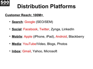 Distribution Platforms Customer Reach: 100M+  Search :  Google  (SEO/SEM) Social :  Facebook ,  Twitter , Zynga, LinkedIn Mobile :  Apple  (iPhone, iPad),  Android , Blackberry Media :  YouTube /Video, Blogs, Photos Inbox :  Gmail , Yahoo, Microsoft 