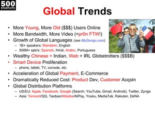 Global  Trends More  Young , More  Old  ($$$) Users Online More Bandwidth, More Video (= pr0n FTW !) Growth of Global Languages  (see  MyGengo.com ) 1B+ speakers:  Mandarin , English 500M+ spkrs:  Spanish , Hindi,  Arabic , Portuguese Wealthy  Chinese +  Indian,  Web  + IRL Globetrotters ($$$B) Smart Device  Proliferation phone, tablet, TV, console, etc Acceleration of Global  Payment , E-Commerce Dramatically Reduced Cost:  Product  Dev,  Customer  Acqstn Global Distribution Platforms US/EU:  Apple, Facebook, Google  (Search, YouTube, Gmail, Android), Twitter, Zynga Asia:  Tencent /QQ, Taobao/ Alibaba /AliPay, Youku, MediaTek, Rakuten, DeNA 