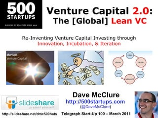 Venture Capital  2.0 : The [Global]  Lean VC Dave McClure http://500startups.com   ( @DaveMcClure )  Telegraph Start-Up 100 – March 2011 Re-Inventing Venture Capital Investing through Innovation, Incubation, & Iteration http://slideshare.net/dmc500hats 