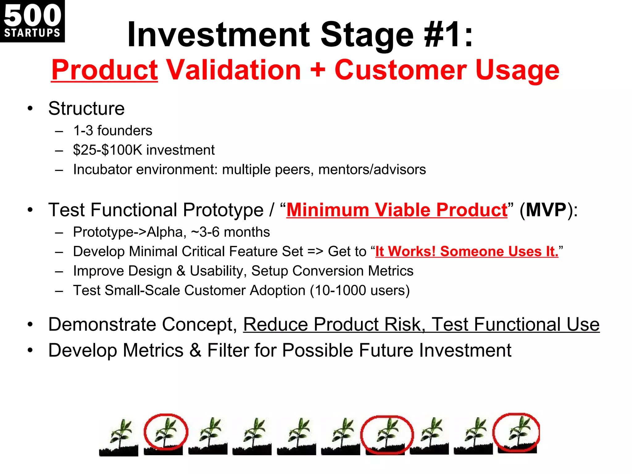 Investment Stage #1:  Product  Validation + Customer Usage Structure 1-3 founders $25-$100K investment Incubator environment: multiple peers, mentors/advisors Test Functional Prototype / “ Minimum Viable Product ”  ( MVP ): Prototype->Alpha, ~3-6 months Develop Minimal Critical Feature Set => Get to “ It Works! Someone Uses It. ” Improve Design & Usability, Setup Conversion Metrics Test Small-Scale Customer Adoption (10-1000 users) Demonstrate Concept,  Reduce Product Risk, Test Functional Use Develop Metrics & Filter for Possible Future Investment 