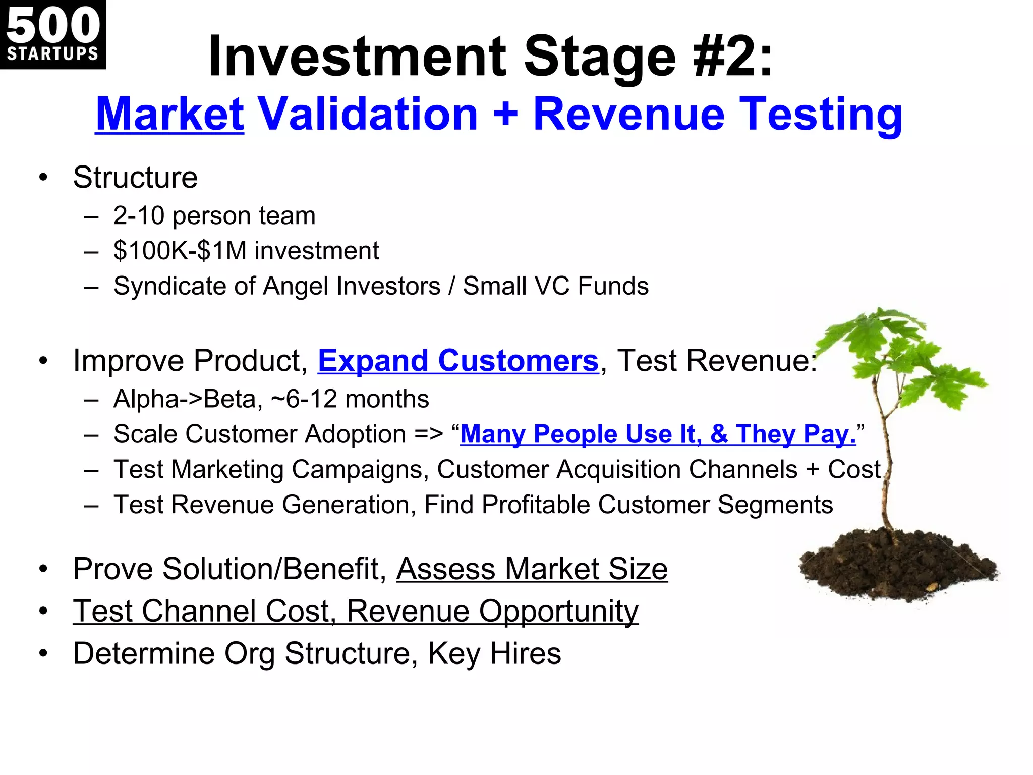 Investment Stage #2:  Market  Validation + Revenue Testing Structure 2-10 person team $100K-$1M investment Syndicate of Angel Investors / Small VC Funds Improve Product,  Expand Customers , Test Revenue: Alpha->Beta, ~6-12 months Scale Customer Adoption =>  “ Many People Use It, & They Pay. ” Test Marketing Campaigns, Customer Acquisition Channels + Cost Test Revenue Generation, Find Profitable Customer Segments Prove Solution/Benefit,  Assess Market Size Test Channel Cost, Revenue Opportunity Determine Org Structure, Key Hires 