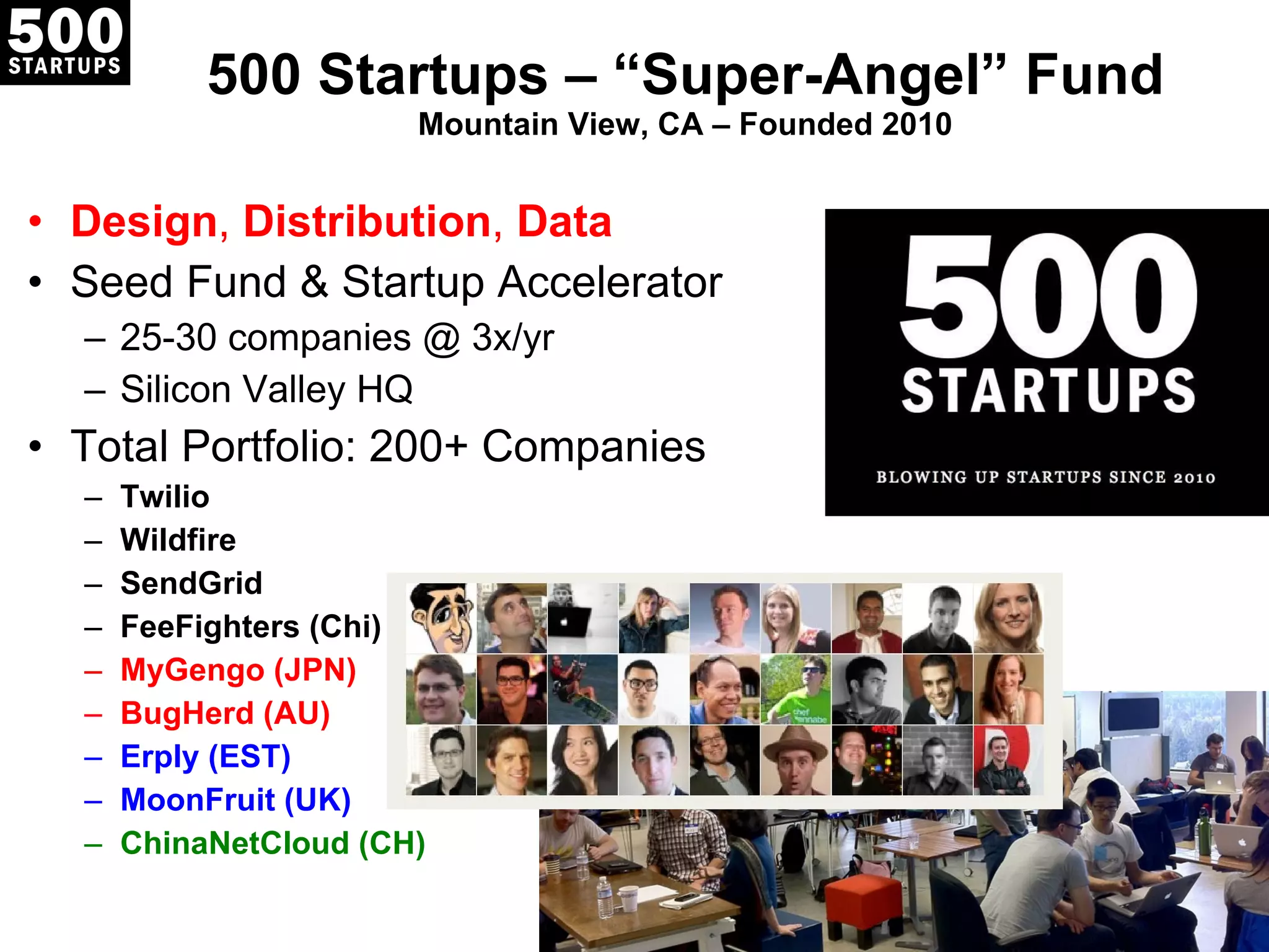 500 Startups –  “Super-Angel” Fund Mountain View, CA – Founded 2010 Design ,  Distribution ,  Data Seed Fund & Startup Accelerator 25-30 companies @ 3x/yr Silicon Valley HQ Total Portfolio: 200+ Companies Twilio Wildfire SendGrid FeeFighters (Chi) MyGengo (JPN) BugHerd (AU) Erply (EST) MoonFruit (UK) ChinaNetCloud (CH) 