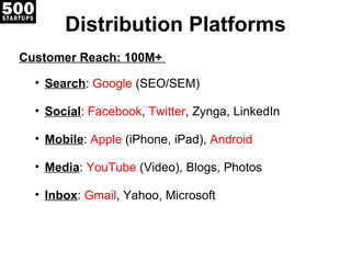 Distribution Platforms Customer Reach: 100M+  Search :  Google  (SEO/SEM) Social :  Facebook ,  Twitter , Zynga, LinkedIn Mobile :  Apple  (iPhone, iPad),  Android Media :  YouTube  (Video), Blogs, Photos Inbox :  Gmail , Yahoo, Microsoft 