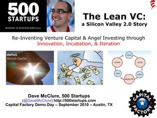 The Lean VC: a Silicon Valley 2.0 Story Dave McClure, 500 Startups ( @DaveMcClure )  http://500startups.com Capital Factory Demo Day – September 2010 – Austin, TX Re-Inventing Venture Capital & Angel Investing through Innovation, Incubation, & Iteration 