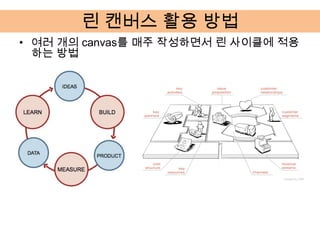린 캔버스 활용 방법
• 여러 개의 canvas를 매주 작성하면서 린 사이클에 적용
  하는 방법
 