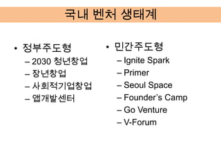 국내 벤처 생태계

• 정부주도형        • 민간주도형
 – 2030 청년창업    – Ignite Spark
 – 장년창업         – Primer
 – 사회적기업창업      – Seoul Space
 – 앱개발센터        – Founder’s Camp
                – Go Venture
                – V-Forum
 