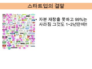 스타트업의 결말

 • 자본 재창출 못하고 99%는
   사라짐 그것도 1~2년안에!!
 