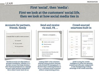 LEAN
First 'social', then 'media':
First we look at the customers' social life,
then we look at how social media ties in
Accounts for partners,
friends, family
Send and receive
via mail, FB, ...
Crowd-sourced
smartness built-in
Banked accounts are often held in a
grouped constellation. Whether it's a
partner account that helps develop a
joint financial perspective or a teenage
account under parental stewardship -
this is where 'social' starts for us.
Linking LEAN to the customers'
existing communication channels
such as email/FB messaging etc. is
the first step to lowering barriers to
tie in a customers social ecosystem
without compromising privacy.
LEAN is using the 'crowds'
intelligence to refine the spending
analysis and offer peer comparisons
is only the beginning of taking
advantage of the crowds smartness.
PROPOSITION
 