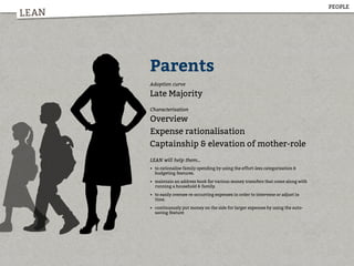 LEAN
Parents
Adoption curve
Late Majority
Characterisation
Overview
Expense rationalisation
Captainship & elevation of mother-role
LEAN will help them...
• to rationalise family spending by using the effort-less categorisation &
budgeting features.
• maintain an address book for various money transfers that come along with
running a household & family.
• to easily oversee re-occurring expenses in order to intervene or adjust in
time.
• continuously put money on the side for larger expenses by using the auto-
saving feature
PEOPLE
 