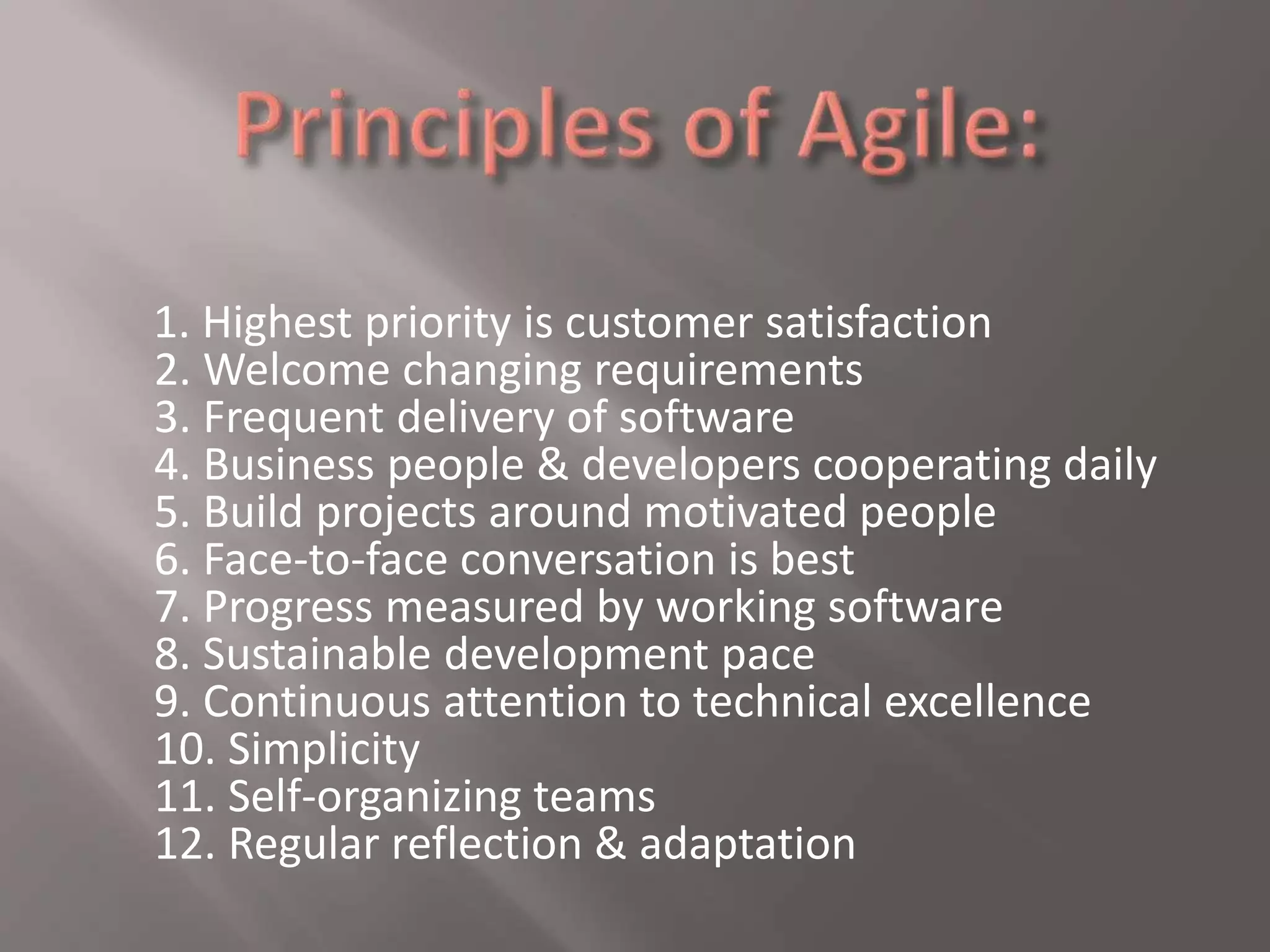 1. Highest priority is customer satisfaction 
2. Welcome changing requirements 
3. Frequent delivery of software 
4. Business people & developers cooperating daily 
5. Build projects around motivated people 
6. Face-to-face conversation is best 
7. Progress measured by working software 
8. Sustainable development pace 
9. Continuous attention to technical excellence 
10. Simplicity 
11. Self-organizing teams 
12. Regular reflection & adaptation 
 