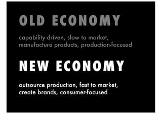 OLD ECONOMY
NEW ECONOMY
capability-driven, slow to market,
manufacture products, production-focused
outsource production, fast to market,
create brands, consumer-focused
 