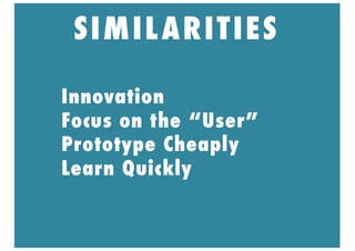 Innovation
Focus on the “User”
Prototype Cheaply
Learn Quickly
SIMILARITIES
 