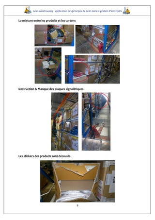 Lean warehousing : application des principes de Lean dans la gestion d’entrepôts
9
La mixture entre les produits et les cartons
Destruction & Manque des plaques signalétiques
Les stickers des produits sont découlés
 