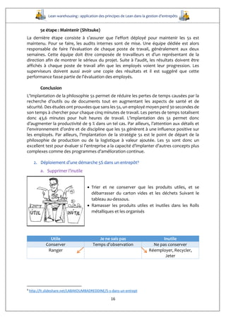 Lean warehousing : application des principes de Lean dans la gestion d’entrepôts
16
5e étape : Maintenir (Shitsuke)
La dernière étape consiste à s’assurer que l’effort déployé pour maintenir les 5s est
maintenu. Pour se faire, les audits internes sont de mise. Une équipe dédiée est alors
responsable de faire l’évaluation de chaque poste de travail, généralement aux deux
semaines. Cette équipe doit être composée de travailleurs et d’un représentant de la
direction afin de montrer le sérieux du projet. Suite à l’audit, les résultats doivent être
affichés à chaque poste de travail afin que les employés voient leur progression. Les
superviseurs doivent aussi avoir une copie des résultats et il est suggéré que cette
performance fasse partie de l’évaluation des employés.
Conclusion
L’implantation de la philosophie 5s permet de réduire les pertes de temps causées par la
recherche d’outils ou de documents tout en augmentant les aspects de santé et de
sécurité. Des études ont prouvées que sans les 5s, un employé moyen perd 30 secondes de
son temps à chercher pour chaque cinq minutes de travail. Les pertes de temps totalisent
donc 43,6 minutes pour huit heures de travail. L’implantation des 5s permet donc
d’augmenter la productivité de 9 % dans un tel cas. Par ailleurs, l’attention aux détails et
l’environnement d’ordre et de discipline que les 5s génèrent à une influence positive sur
les employés. Par ailleurs, l’implantation de la stratégie 5s est le point de départ de la
philosophie de production ou de la logistique à valeur ajoutée. Les 5s sont donc un
excellent test pour évaluer si l’entreprise a la capacité d’implanter d’autres concepts plus
complexes comme des programmes d’amélioration continue.
2. Déploiement d’une démarche 5S dans un entrepôt9
a. Supprimer l’inutile
 Trier et ne conserver que les produits utiles, et se
débarrasser du carton vides et les déchets Suivant le
tableau au-dessous.
 Ramasser les produits utiles et inutiles dans les Rolls
métalliques et les organisés
Utile Je ne sais pas Inutile
Conserver Temps d’observation Ne pas conserver
Ranger Réemployer, Recycler,
Jeter
9
http://fr.slideshare.net/LABAKOUMBADREDDINE/5-s-dans-un-entrept
 