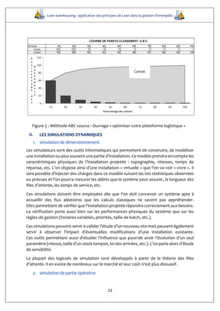 Lean warehousing : application des principes de Lean dans la gestion d’entrepôts
23
Figure 3 : Méthode ABC source : Ouvrage « optimiser votre plateforme logistique »
II. LES SIMULATIONS DYNAMIQUES
1. simulation de dimensionnement
Les simulateurs sont des outils informatiques qui permettent de construire, de modéliser
une installation ou plus souvent une partie d’installation. Ce modèle prendra en compte les
caractéristiques physiques de l’installation projetée : topographie, vitesses, temps de
réponse, etc. L’on dispose ainsi d’une installation « virtuelle » que l’on va voir « vivre ». Il
sera possible d’injecter des charges dans ce modèle suivant les lois statistiques observées
ou prévues et l’on pourra mesurer les débits que le système peut assurer, la longueur des
files d’attente, les temps de service, etc.
Ces simulations doivent être employées dès que l’on doit concevoir un système apte à
accueillir des flux aléatoires que les calculs classiques ne savent pas appréhender.
Elles permettent de vérifier que l’installation projetée répondra correctement aux besoins.
La vérification porte aussi bien sur les performances physiques du système que sur les
règles de gestion (horaires variables, priorités, taille de batch, etc.).
Ces simulations peuvent servir à valider l’étude d’un nouveau site mais peuvent également
servir à observer l’impact d’éventuelles modifications d’une installation existante.
Ces outils permettent aussi d’étudier l’influence que pourrait avoir l’évolution d’un seul
paramètre (vitesse, taille d’un stock tampon, loi des arrivées, etc.). L’on parle alors d’étude
de sensibilité.
La plupart des logiciels de simulation sont développés à partir de la théorie des files
d’attente. Il en existe de nombreux sur le marché et leur coût n’est plus dissuasif.
2. simulation de partie opérative
 