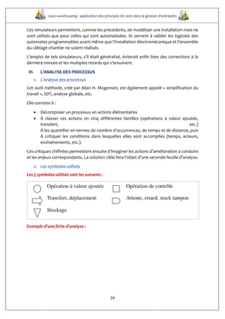 Lean warehousing : application des principes de Lean dans la gestion d’entrepôts
24
Ces simulateurs permettent, comme les précédents, de modéliser une installation mais ne
sont utilisés que pour celles qui sont automatisées. Ils servent à valider les logiciels des
automates programmables avant même que l’installation électromécanique et l’ensemble
du câblage chantier ne soient réalisés.
L’emploi de tels simulateurs, s’il était généralisé, éviterait enfin bien des corrections à la
dernière minute et les multiples retards qui s’ensuivent.
III. L’ANALYSE DES PROCESSUS
1. L’analyse des processus
Cet outil méthode, créé par Allan H. Mogensen, est également appelé « simplification du
travail », SDT, analyse globale, etc.
Elle consiste à :
 Décomposer un processus en actions élémentaires
 À classer ces actions en cinq différentes familles (opérations à valeur ajoutée,
transfert, etc.)
À les quantifier en termes de nombre d’occurrences, de temps et de distance, puis
À critiquer les conditions dans lesquelles elles sont accomplies (temps, acteurs,
enchaînements, etc.).
Ces critiques chiffrées permettent ensuite d’imaginer les actions d’amélioration à conduire
et les enjeux correspondants. La solution cible fera l’objet d’une seconde feuille d’analyse.
2. Les symboles utilisés
Les 5 symboles utilisés sont les suivants :
Exemple d’une fiche d’analyse :
 