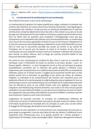 Lean warehousing : application des principes de Lean dans la gestion d’entrepôts
4
Figure 2 : diagramme SADT, source : http://fr.slideshare.net/LABAKOUMBADREDDINE/5-s-dans-un-
entrept »
II. Le contraste entre le warehousing et le Lean warehousing
Tout d’abord il faut savoir ce qui c’est le warehousing ?
Le warehousing est la gestion d’un espace planifié pour ranger, maintenir et manipuler des
articles et des matériaux. Du coup on ressort deux fonctions dominantes : l’emmagasinage et
la manipulation des matériaux. Le rôle que joue un warehouse (entrepôt) dans le cycle des
activités d’une entreprise dépend de la nature de celle-ci. Dans certain cas ça sera un lieu de
passage où on décompose les flux des matériaux formés par un grand volume d’unités et ainsi
livrer les clients dans les quantités qu’ils souhaitent. L’emmagasinage n’aura que peu
d’importance, et la manipulation des matériaux sera l’activité prédominante. Le warehousing
vise à assurer les ressources appropriées de façon à ce que la main d’œuvre, l’équipement et
le reste des ressources soient disponibles pour atteindre le niveau d’activité planifié, ainsi que
faire en sorte que le mouvement journalier des articles qui entrent et qui sortent de
l’entreprise soit en accord avec les besoins en achat et en livraison en plus de ça le
warehousing vise aussi à planifier de façon continue et maintenir l’utilisation des ressources
pour donner un service efficace, dans la marge des volumes d’activité établis et des
ressources financières disponibles.
Par contre le Lean warehousing est composé de deux mots le Lean est un ensemble de
techniques visant à l’élimination de toutes les activités à non-valeur ajoutée. « Lean » en
français signifie « Moindre ». Le Lean management est de ce fait une technique de gestion
essentiellement concentrée vers la réduction des pertes générés à l’intérieur d’une
organisation, pour une production et un rendement plus justes au-delà d’être un ensemble de
méthodes, repose sur le facteur humain. Il suggère que le personnel travaille dans un état
d’esprit orienté vers la diminution du gaspillage et des pertes (de temps, de matières,
d’argent). La motivation et les comportements des hommes sont nécessaires pour une
application efficace et le warehousing qu’on a déjà expliqué du coup en appliquant le Lean au
warehousing on aura le Lean warehousing qui est un entrepôt où les cinq principes de pensée
Lean de Womack & Jones et une variété d'outils Lean sont appliqués. Lorsque nous
comparons Lean Warehousing à d'autres domaines, nous avons à voir avec une plus grande
variabilité et une plus faible prévisibilité. Le Lean permet aux entreprises de servir les clients
plus rapidement chose qui réduit la file d’attente et permet de fidéliser la clientèle, il permet
aussi d’optimiser l’espace et avoir moins d’inventaire.
L'application de la pensée Lean dans un entrepôt, est complètement différente de
la fabrication, le service et l'administration, bien que les principes restent les mêmes. Durant
la formation du personnel de l’entrepôt dans les principes et outils Lean, on doit utiliser
le langage de l’entreposage, des études de cas et des applications.
La conversion de votre opération à un environnement Lean warehousing n’est pas juste un
autre projet ou programme. Il est une autre façon de faire des affaires. La différence la plus
importante entre Warehousing Lean, et la grande quantité de « bonnes pratiques »,
l'optimisation de l'entrepôt, et des technologies (WMS - Warehouse Management Software
 
