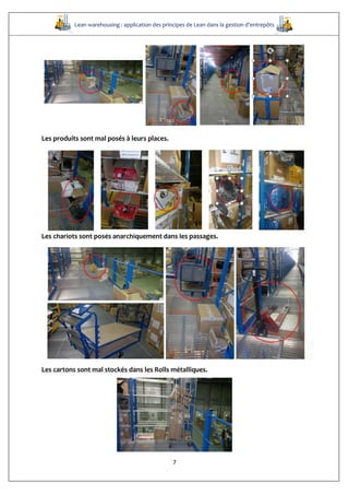 Lean warehousing : application des principes de Lean dans la gestion d’entrepôts
7
Les produits sont mal posés à leurs places.
Les chariots sont posés anarchiquement dans les passages.
Les cartons sont mal stockés dans les Rolls métalliques.
 
