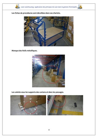 Lean warehousing : application des principes de Lean dans la gestion d’entrepôts
8
Les fiches de procédures sont décollées dans Les chariots.
Manque des Rolls métalliques.
Les saletés sous les supports des cartons et dans les passages.
 
