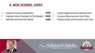 • Improve Process Capabilities
• Improve Value Provided To The Market
• Relentlessly Eliminate Waste
• Create Opportunity to add demand
• Increase Revenue and Cash Flow
• Reduce Costs and Increase Cash Flow
4. BOX SCORES, CONT.
 
