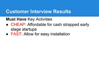 Customer Interview Results
Must Have Key Activities
● CHEAP: Affordable for cash strapped early
stage startups
● FAST: Allow for easy installation
 