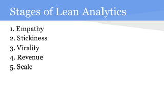 Stages of Lean Analytics
1. Empathy
2. Stickiness
3. Virality
4. Revenue
5. Scale
 