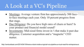 A Look at a VC’s Pipeline
● Meetings: Average venture firm has approximately 500 face-
to-face meetings each year. Only 10 percent progress from
that stage.
● Due Diligence: Do you have high rates of churn or burn? Is
your product and financial model sound?
● Investments: Mid-sized firms invest in ⅕ that make it past due
diligence. Customer acquisition and a “magnetic” CEO
matter.
http://venturebeat.com/2014/04/19/heres-a-look-inside-a-typical-vcs-pipeline-a-must-read-for-entrepreneurs
 