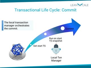 Transactional Life Cycle: Commit
Get start TS
Run on start
TS snapshot
Commit
The local transaction
manager orchestrates
the commit.
Local Txn
Manager
 