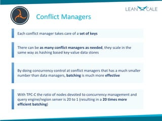 There can be as many conflict managers as needed, they scale in the
same way as hashing based key-value data stores
By doing concurrency control at conflict managers that has a much smaller
number than data managers, batching is much more effective
With TPC-C the ratio of nodes devoted to concurrency management and
query engine/region server is 20 to 1 (resulting in a 20 times more
efficient batching)
Each conflict manager takes care of a set of keys
Conflict Managers
 