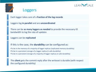Each logger takes care of a fraction of the log records
Loggers log in parallel and are uncoordinated
There can be as many loggers as needed to provide the necessary IO
bandwidth to log the rate of updates
Loggers can be replicated
If this is the case, the durability can be configured as:
•To be in the memory of a majority of logger replicas (replicated memory durability)
•To be in a persistent storage of a logger replica (1-safe durability)
•To be in a persistent storage of a majority of logger replicas (n-safe durability)
The client gets the commit reply after the writeset is durable (with respect
the configured durability)
Loggers
 