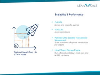 Scalability & Performance
Scale out linearly from 1 to
100s of nodes
 Full SQL
Simple and powerful queries
 Full ACID
Always consistent
 Patented Ultra-Scalable Transactional
Management
Scale to millions of update transactions
per second
 Ultra-Efficient Storage Engine
Run efficiently in today’s multi-core and
NUMA hardware
 