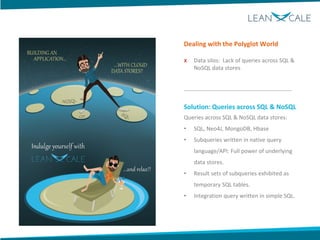 Dealing with the Polyglot World
x Data silos: Lack of queries across SQL &
NoSQL data stores
---------------------------------------------------------
Solution: Queries across SQL & NoSQL
Queries across SQL & NoSQL data stores:
• SQL, Neo4J, MongoDB, Hbase
• Subqueries written in native query
language/API: Full power of underlying
data stores.
• Result sets of subqueries exhibited as
temporary SQL tables.
• Integration query written in simple SQL.
 