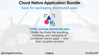 @bridgetkromhout #msftLEAP
Spec for packaging distributed apps
CNAB: package distributed apps
CNABs facilitate the bundling,
installing and managing of
container-native apps — and
their coupled services
Cloud Native Application Bundle
cnab.io
 