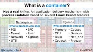 @bridgetkromhout #msftLEAP
Namespaces Cgroups
Not a real thing. An application delivery mechanism with
process isolation based on several Linux kernel features.
• PID
• Mount
• Network
• UTS
• Memory
• CPU
• Blkio
• Cpuacct
(what a process can see) (what a process can use)
• IPC
• User
• Cgroup
• Cpuset
• Devices
• Net_prio
• Freezer
What is a container?
 