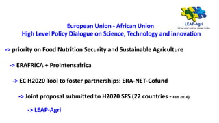 European Union - African Union
High Level Policy Dialogue on Science, Technology and innovation
-> priority on Food Nutrition Security and Sustainable Agriculture
-> ERAFRICA + ProIntensafrica
-> EC H2020 Tool to foster partnerships: ERA-NET-Cofund
-> Joint proposal submitted to H2020 SFS (22 countries - Feb 2016)
-> LEAP-Agri
 