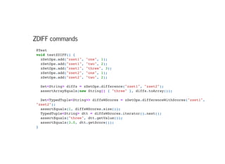 ZDIFF commands
@Test

void testZDIFF() {

zSetOps.add("zset1", "one", 1);

zSetOps.add("zset1", "two", 2);

zSetOps.add("zset1", "three", 3);

zSetOps.add("zset2", "one", 1);

zSetOps.add("zset2", "two", 2);



Set<String> diffs = zSetOps.difference("zset1", "zset2");

assertArrayEquals(new String[] { "three" }, diffs.toArray());



Set<TypedTuple<String>> diffsWScores = zSetOps.differenceWithScores("zset1",
"zset2");

assertEquals(1, diffsWScores.size());

TypedTuple<String> dtt = diffsWScores.iterator().next();

assertEquals("three", dtt.getValue());

assertEquals(3.0, dtt.getScore());
}

 