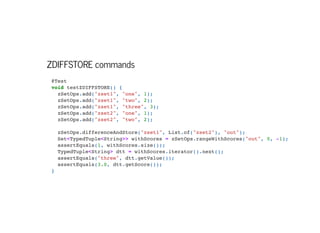 ZDIFFSTORE commands
@Test

void testZDIFFSTORE() {

zSetOps.add("zset1", "one", 1);

zSetOps.add("zset1", "two", 2);

zSetOps.add("zset1", "three", 3);

zSetOps.add("zset2", "one", 1);

zSetOps.add("zset2", "two", 2);



zSetOps.differenceAndStore("zset1", List.of("zset2"), "out");

Set<TypedTuple<String>> withScores = zSetOps.rangeWithScores("out", 0, -1);

assertEquals(1, withScores.size());

TypedTuple<String> dtt = withScores.iterator().next();
assertEquals("three", dtt.getValue());

assertEquals(3.0, dtt.getScore());
}

 