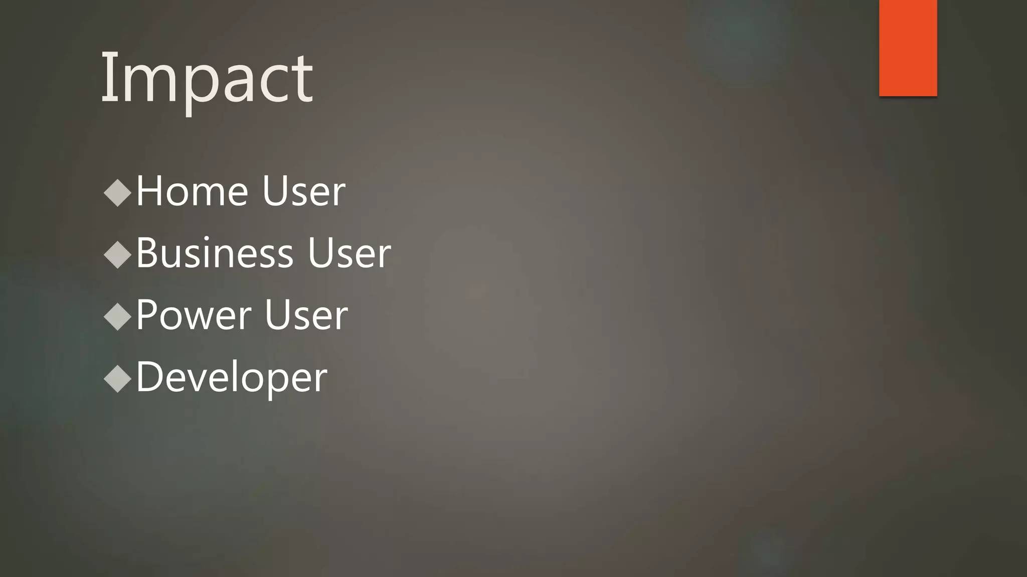 Impact 
Home User 
Business User 
Power User 
Developer 
 