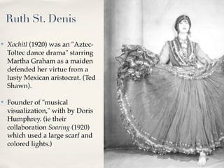 Ruth St. Denis

✤   Xochitl (1920) was an "Aztec-
    Toltec dance drama" starring
    Martha Graham as a maiden
    defen...