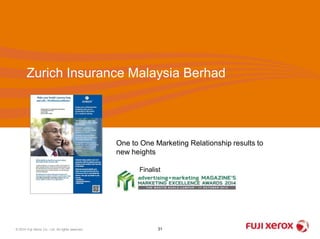Zurich Insurance Malaysia Berhad 
One to One Marketing Relationship results to 
new heights 
Finalist 
© 2014 Fuji Xerox Co., Ltd. All rights reserved. 31 
 